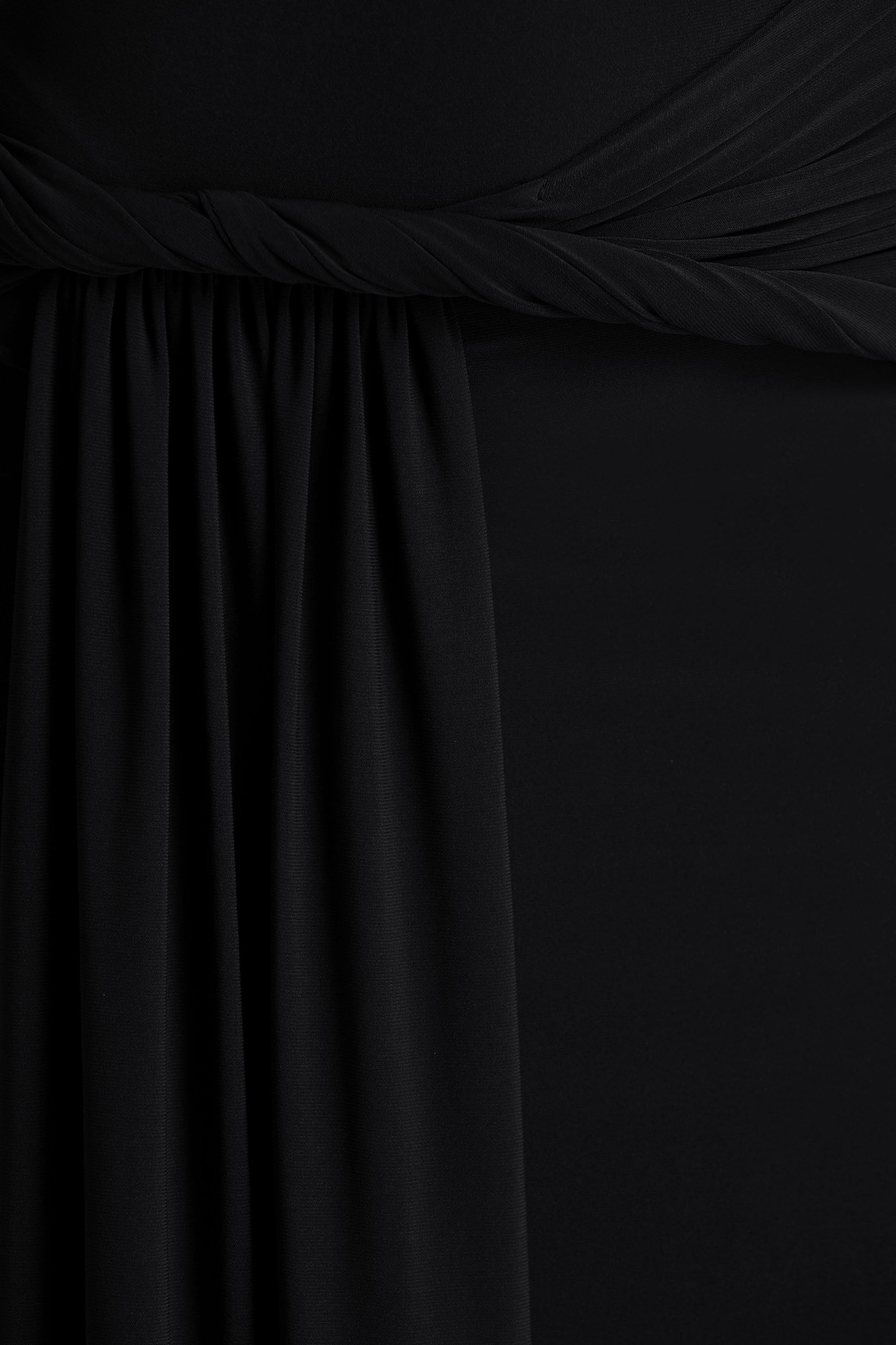 Tulisa | Black Asymmetric-Neck Maxi Dress With Twist Sleeves And Ruched Detailing