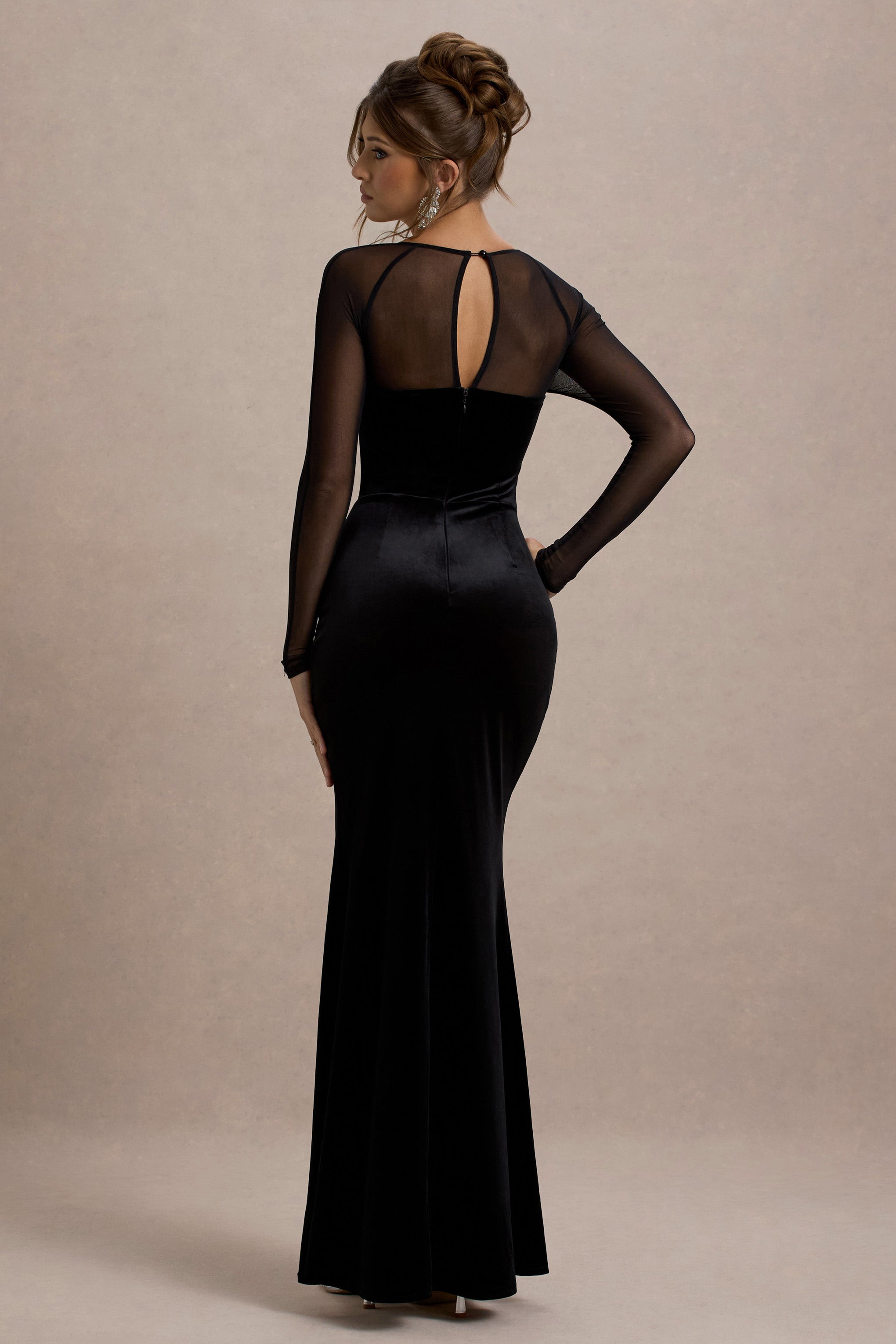 Ashby | Black Velvet Embellished Square-Neck Split Maxi Dress