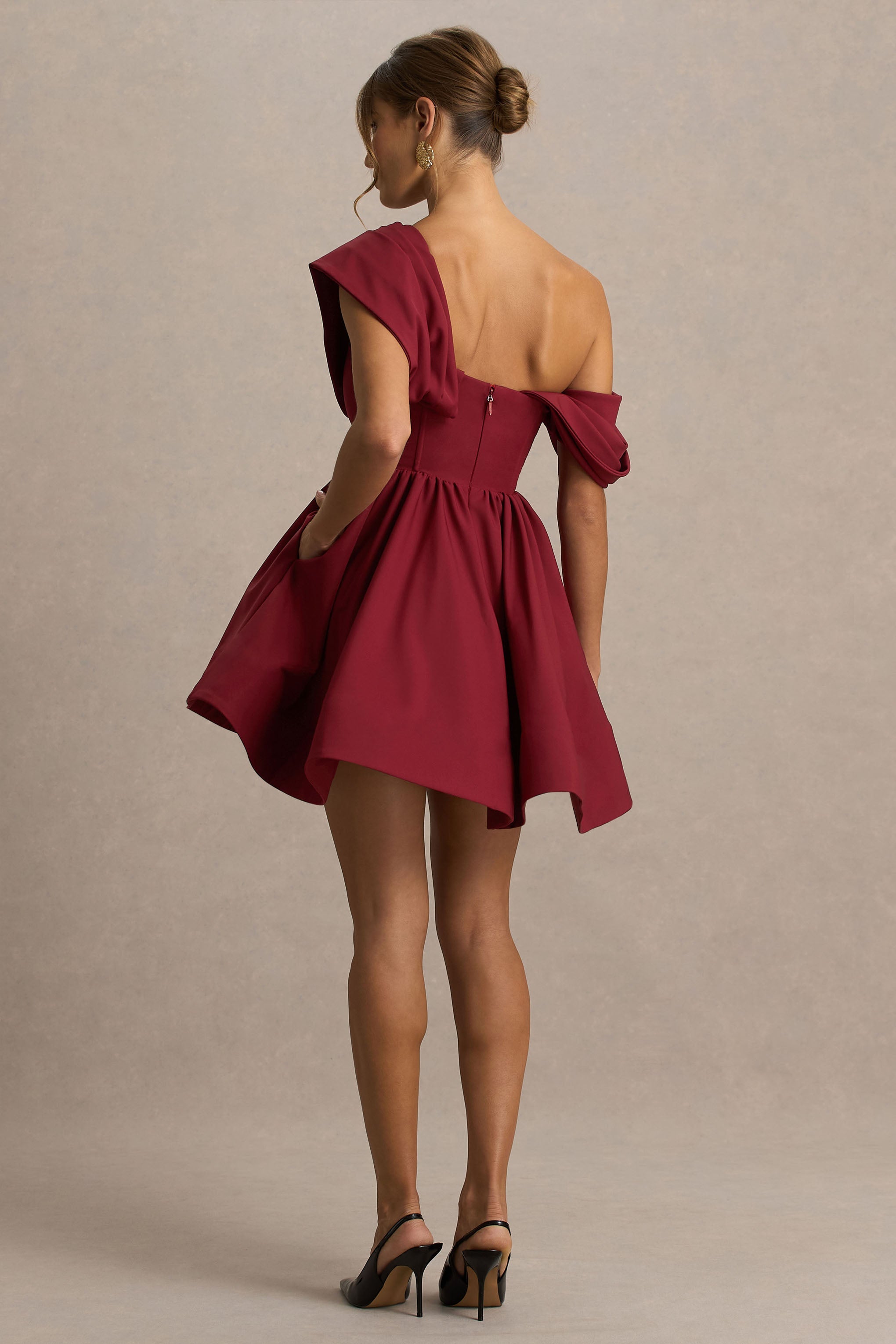Verona | Burgundy  Draped Asymmetric-Neck Skater Mini Dress
