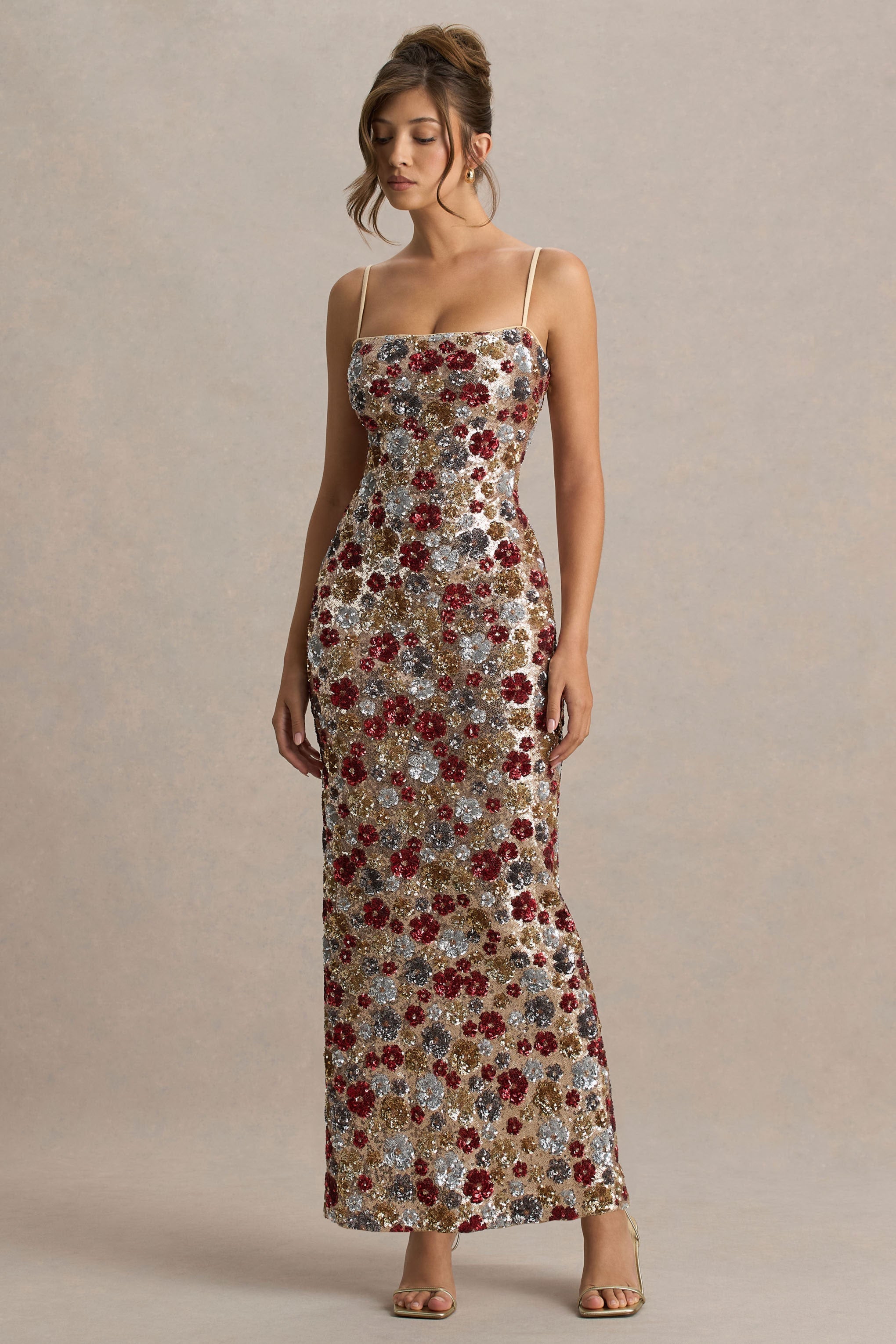 Vitora | Red Floral Embellished Sequin Square-Neck Maxi Dress