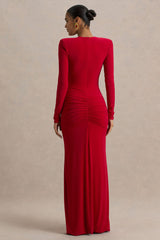 Jewel | Red Plunge-Neck Maxi Dress With Front Split and Ruched Detailing