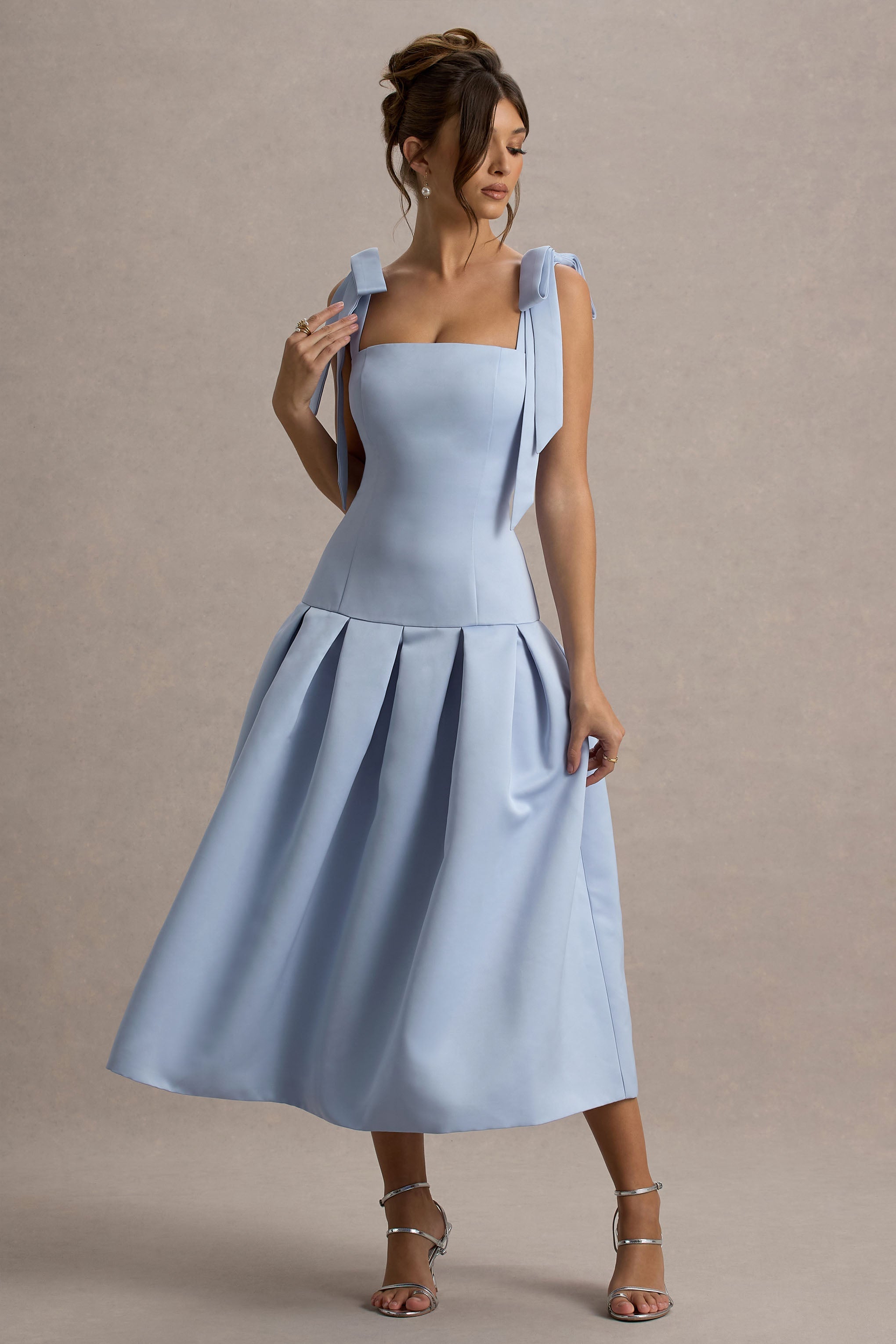 Alberta | Powder Blue Satin Square-Neck Midi Dress With Bow Straps