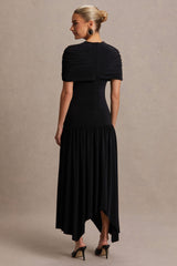 Eleni | Black Crew-Neck Maternity Maxi Dress With Cape-Sleeves And Drop Waist