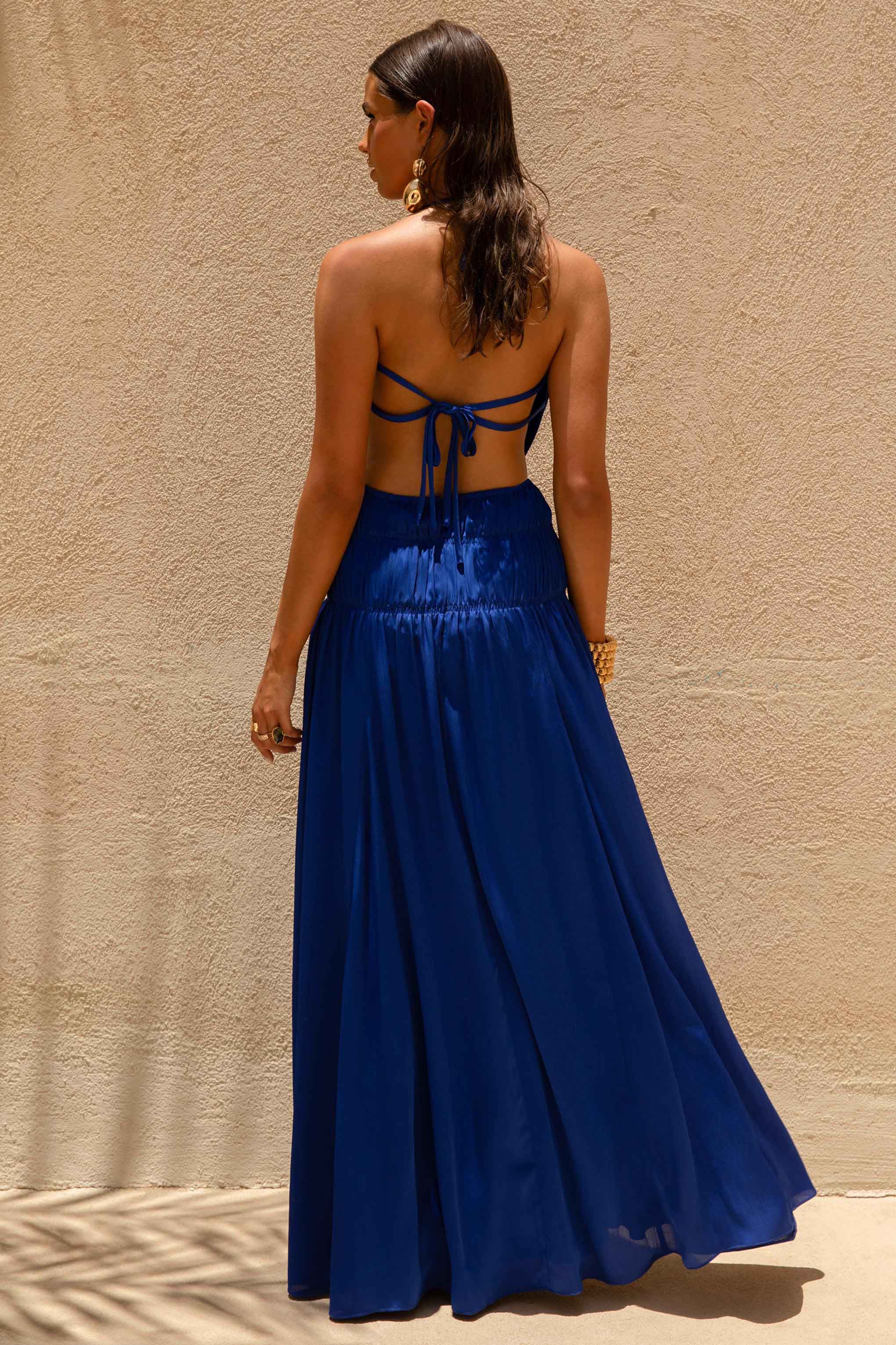 Pacific | Blue Halter-Neck Maxi Dress with Open-Back