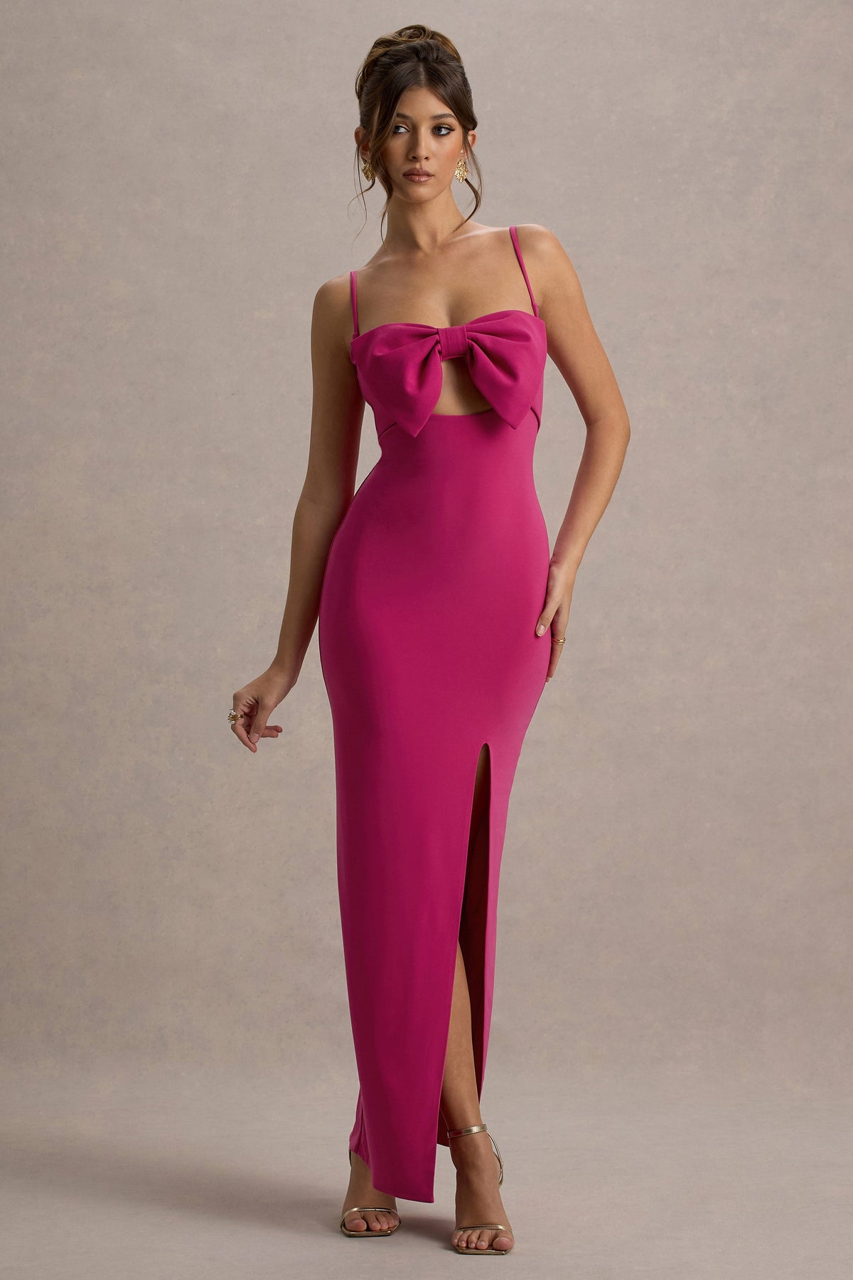 Emmalou | Hot Pink Strappy Split Maxi Dress With Bow
