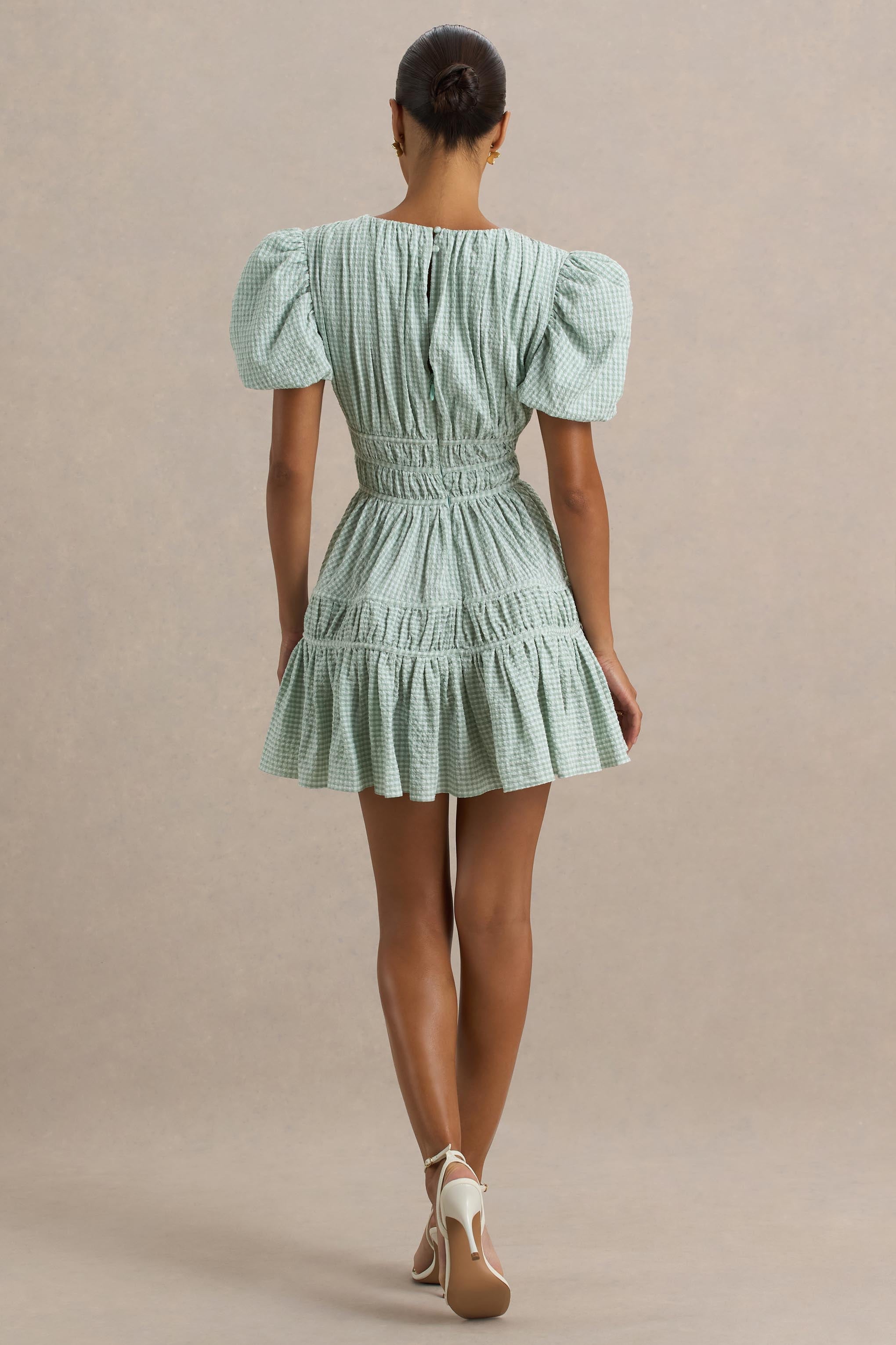 Laurelle | Green Extreme Plunge-Neck Mini Dress With Ruffling Detail
