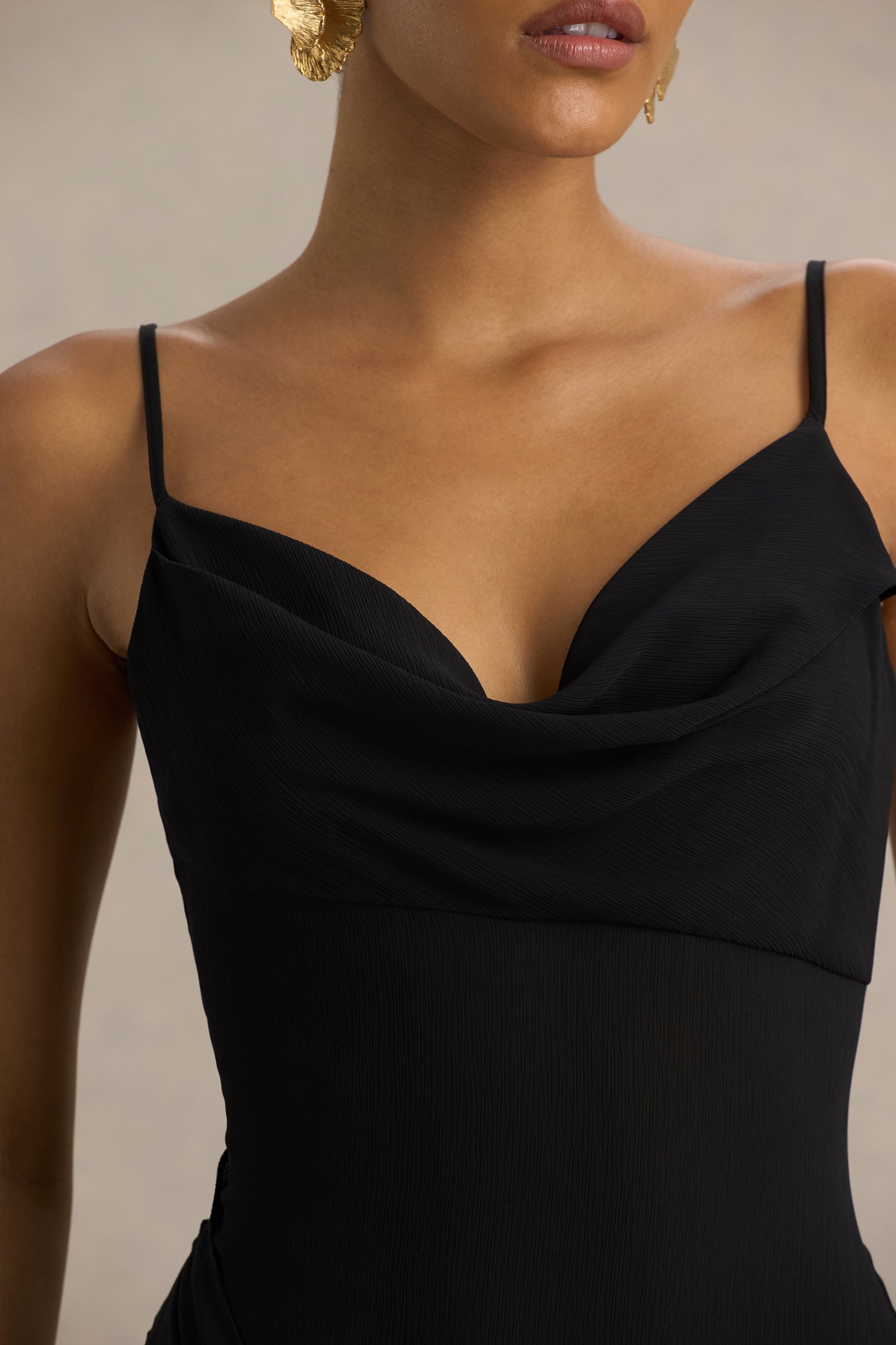 Virtue | Black Cowl-Neck Fishtail Maxi Dress With Split