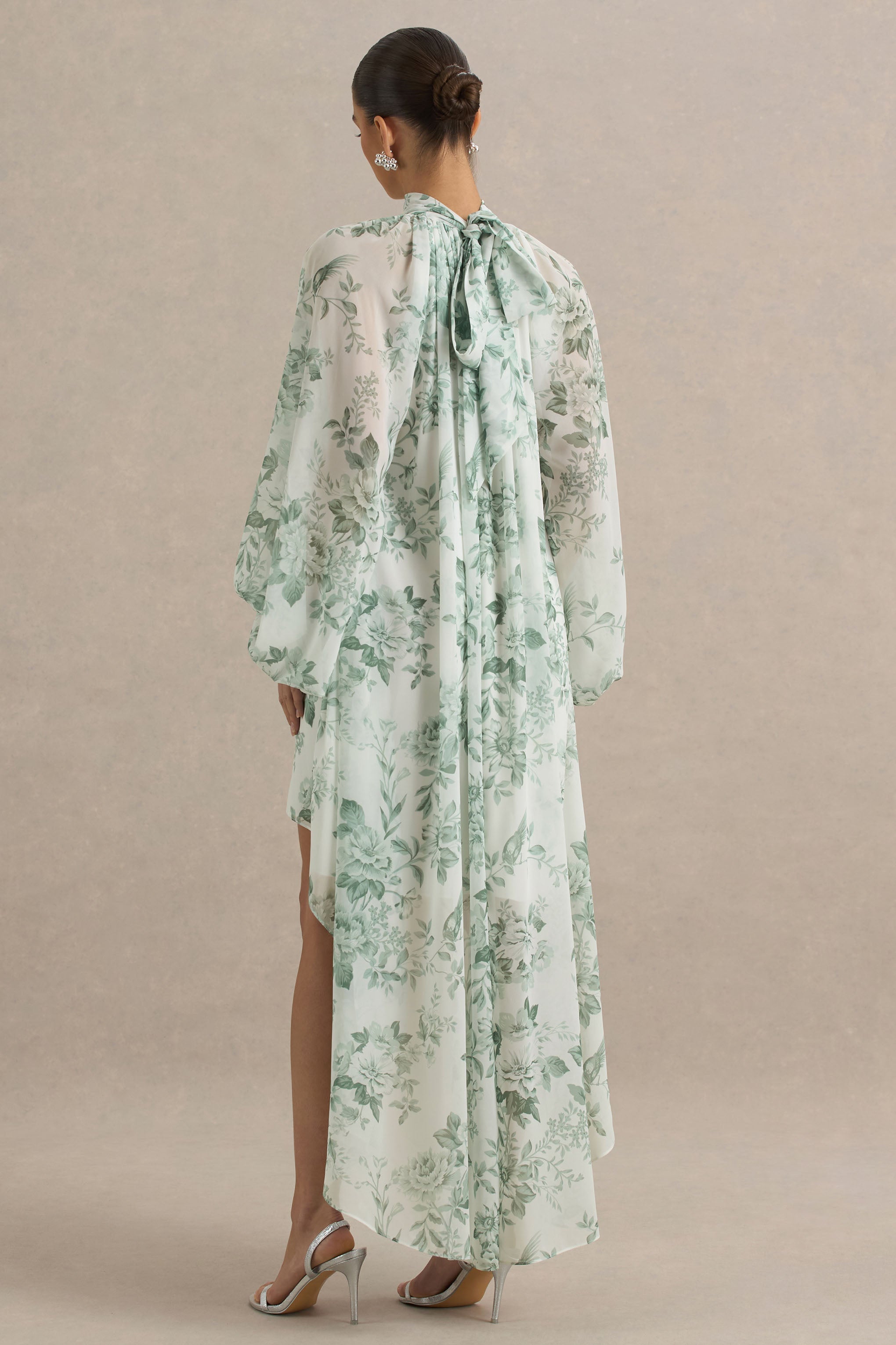 Delphia | Green Floral Print High-Neck Maxi Dress