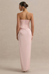 Joseline | Pale Pink Satin Corset Wrap Maxi Dress With Scarf