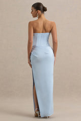 Joseline | Powder Blue Satin Corset Wrap Maxi Dress With Scarf