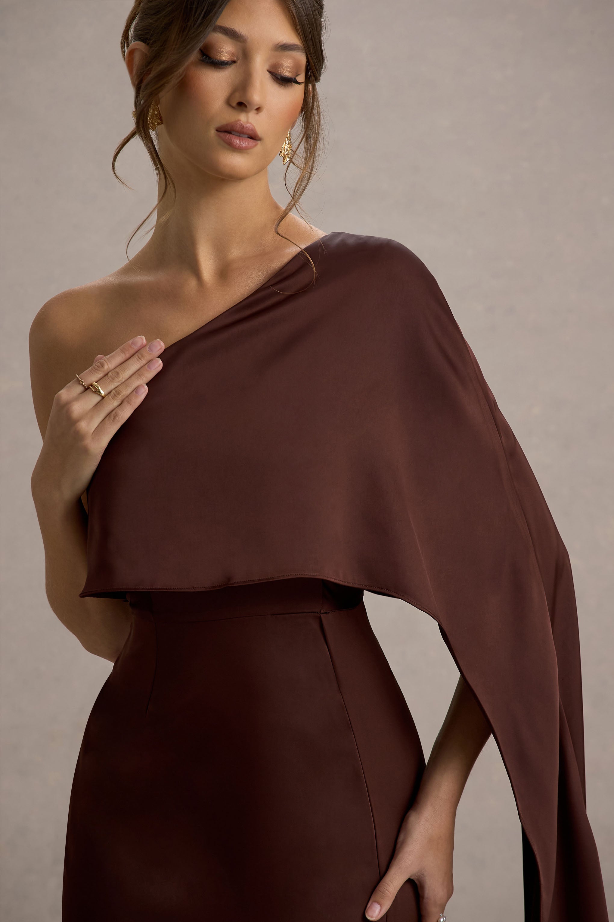 Amora | Brown Satin Asymmetric Cape-Sleeve Split Maxi Dress