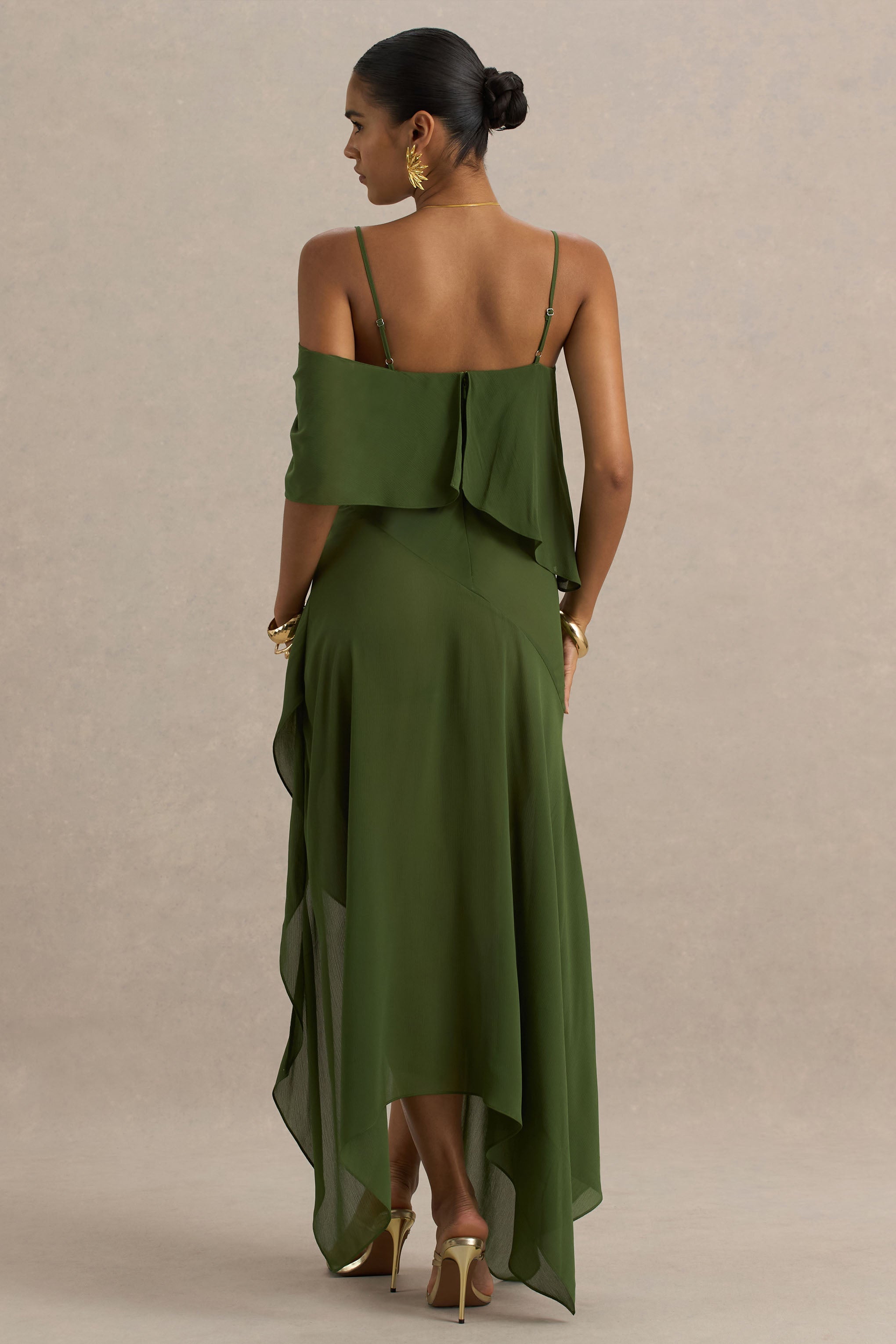 Tiara | Green Asymmetric Midi Dress With Draping Detailing and Open-Back