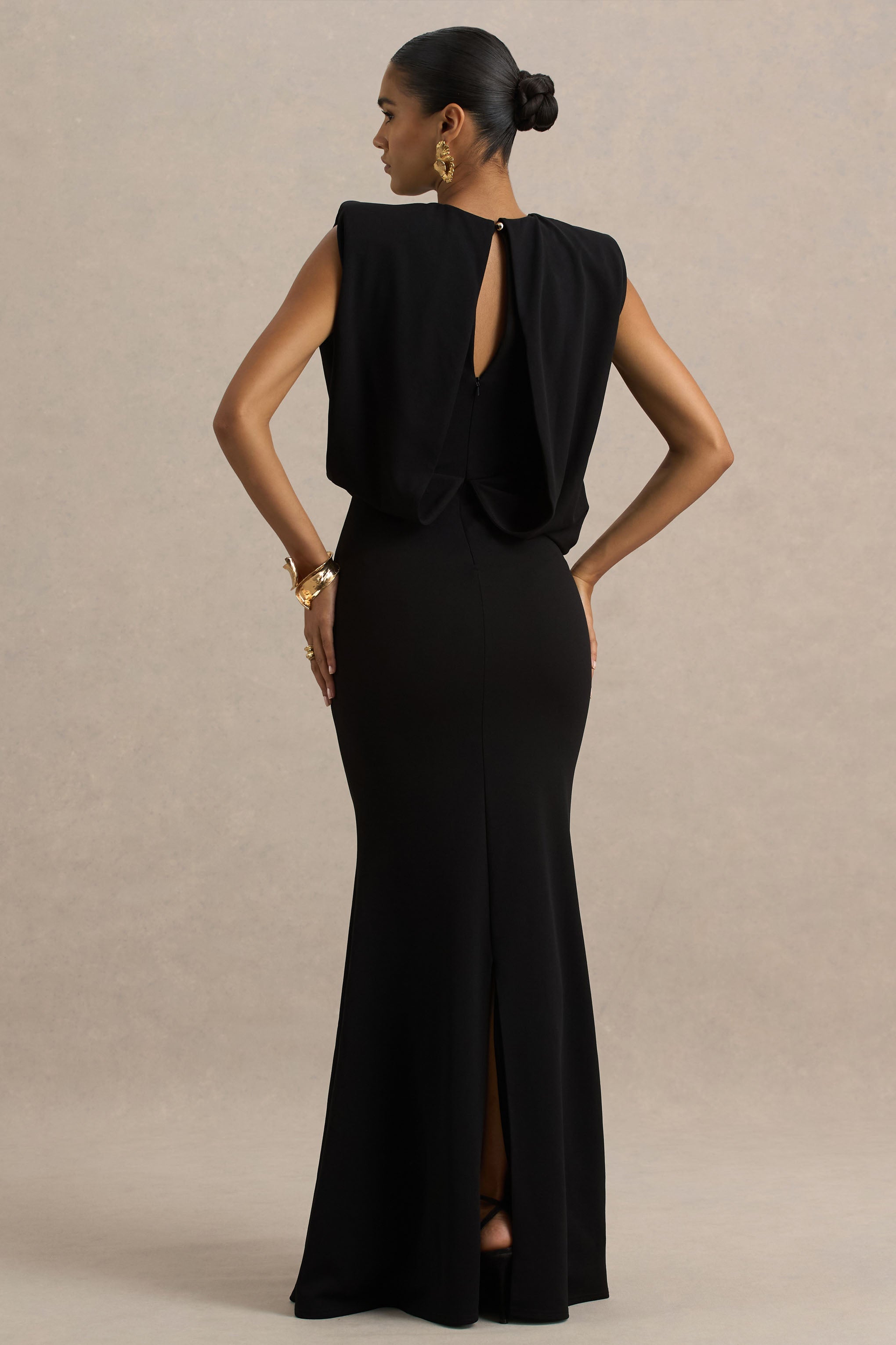 Meave | Black Boat-Neck Maxi Dress With Draped Detail