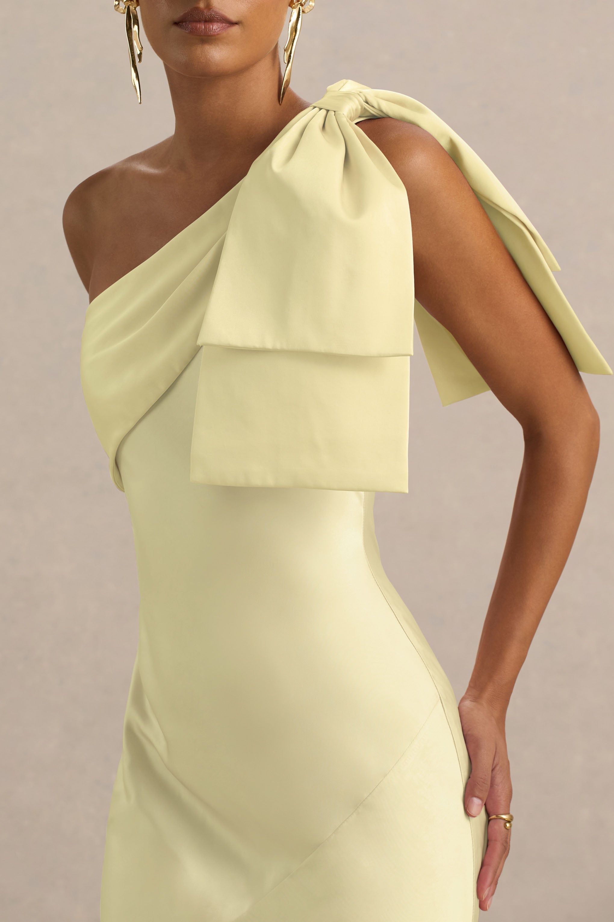 Valerie | Lemon Satin Asymmetric-Neck Maxi Dress With Bow Detail
