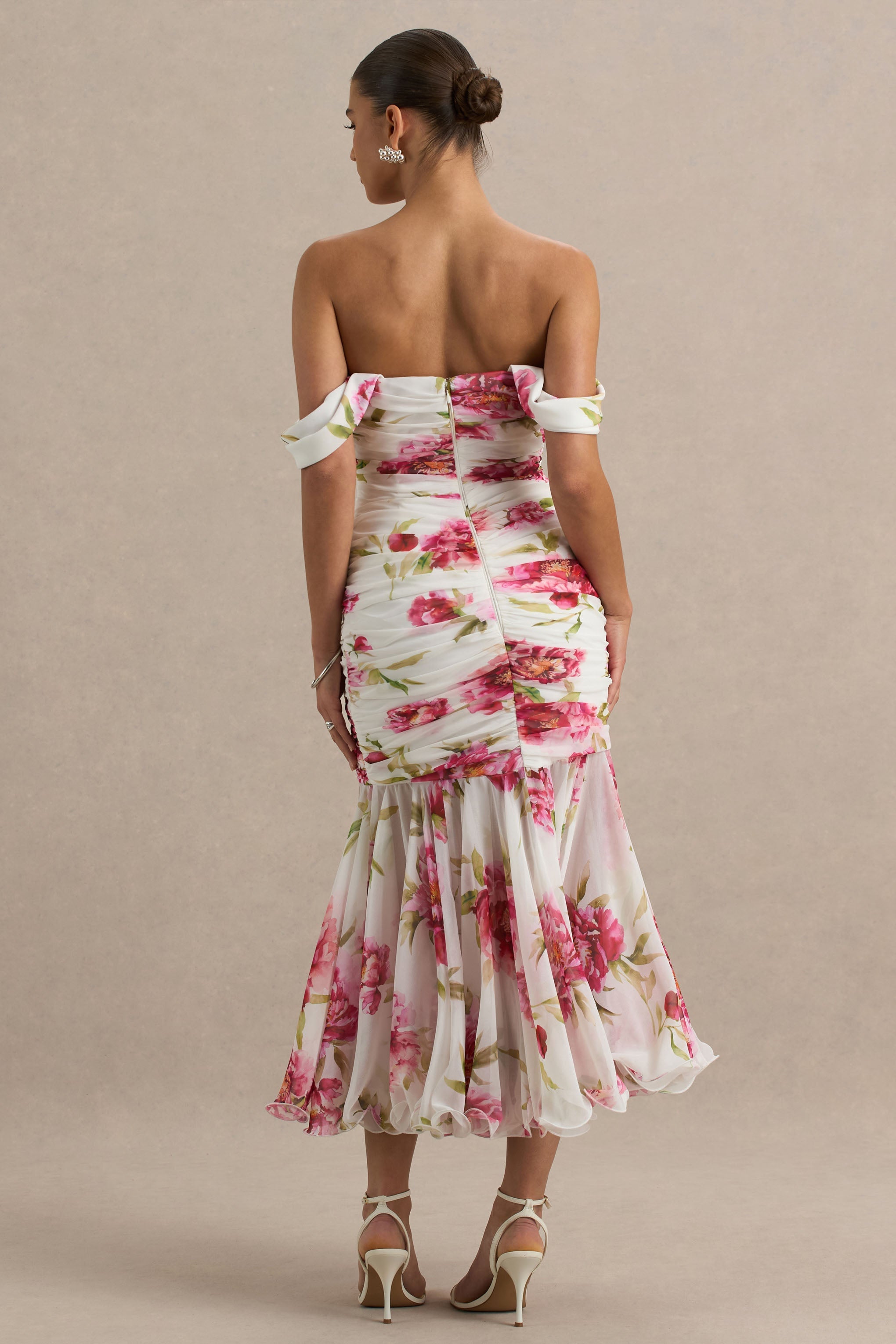 Madelyn | Cream Floral Print Short-Sleeve Bardot Wrap Maxi Dress With Ruching