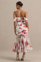 Madelyn | Cream Floral Print Short-Sleeve Bardot Wrap Maxi Dress With Ruching