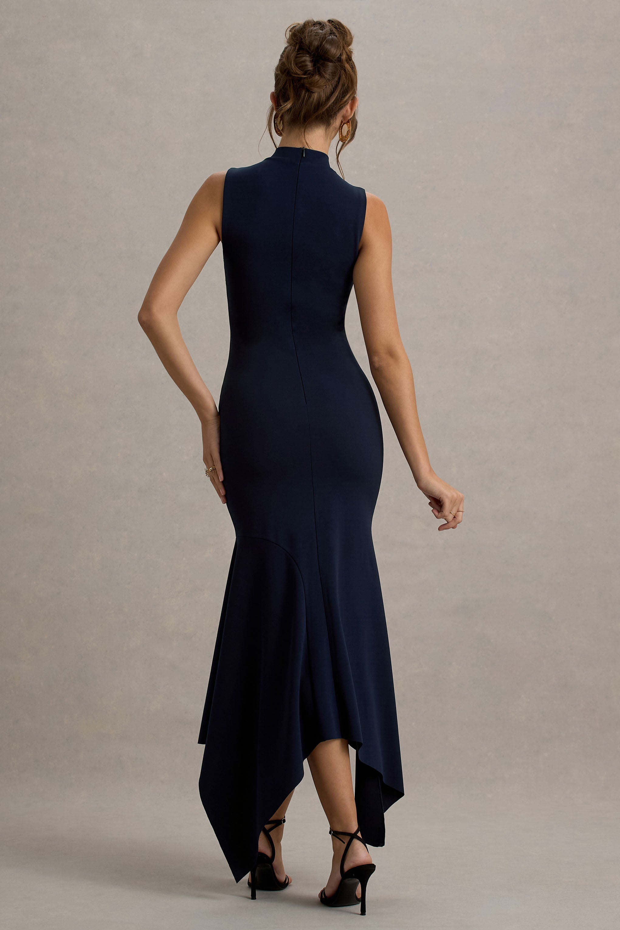 Janice | Navy High-Neck Hanky-Hem Maxi Dress
