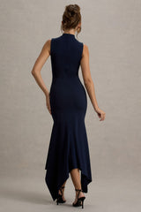 Janice | Navy High-Neck Hanky-Hem Maxi Dress