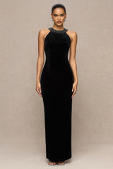Darya | Black Velvet Embellished High-Neck Maxi Dress