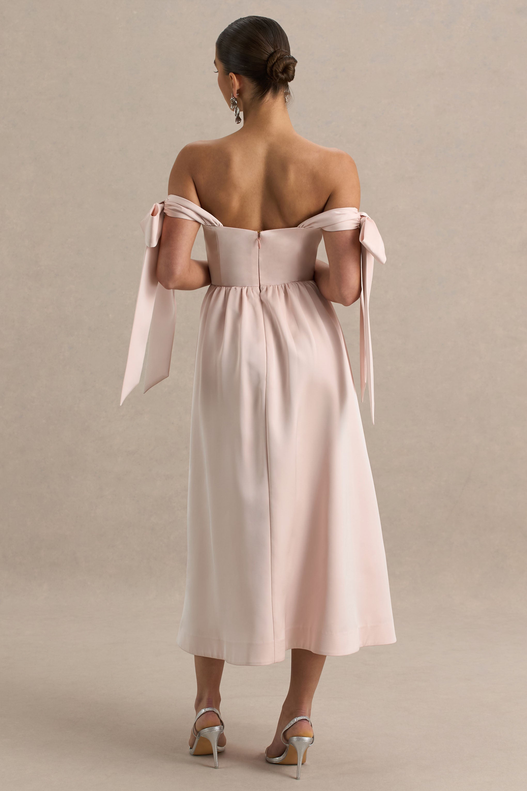 Agafay | Rose Pink Satin Short-Sleeve Bardot Wrap Midi Dress With Bow Detail