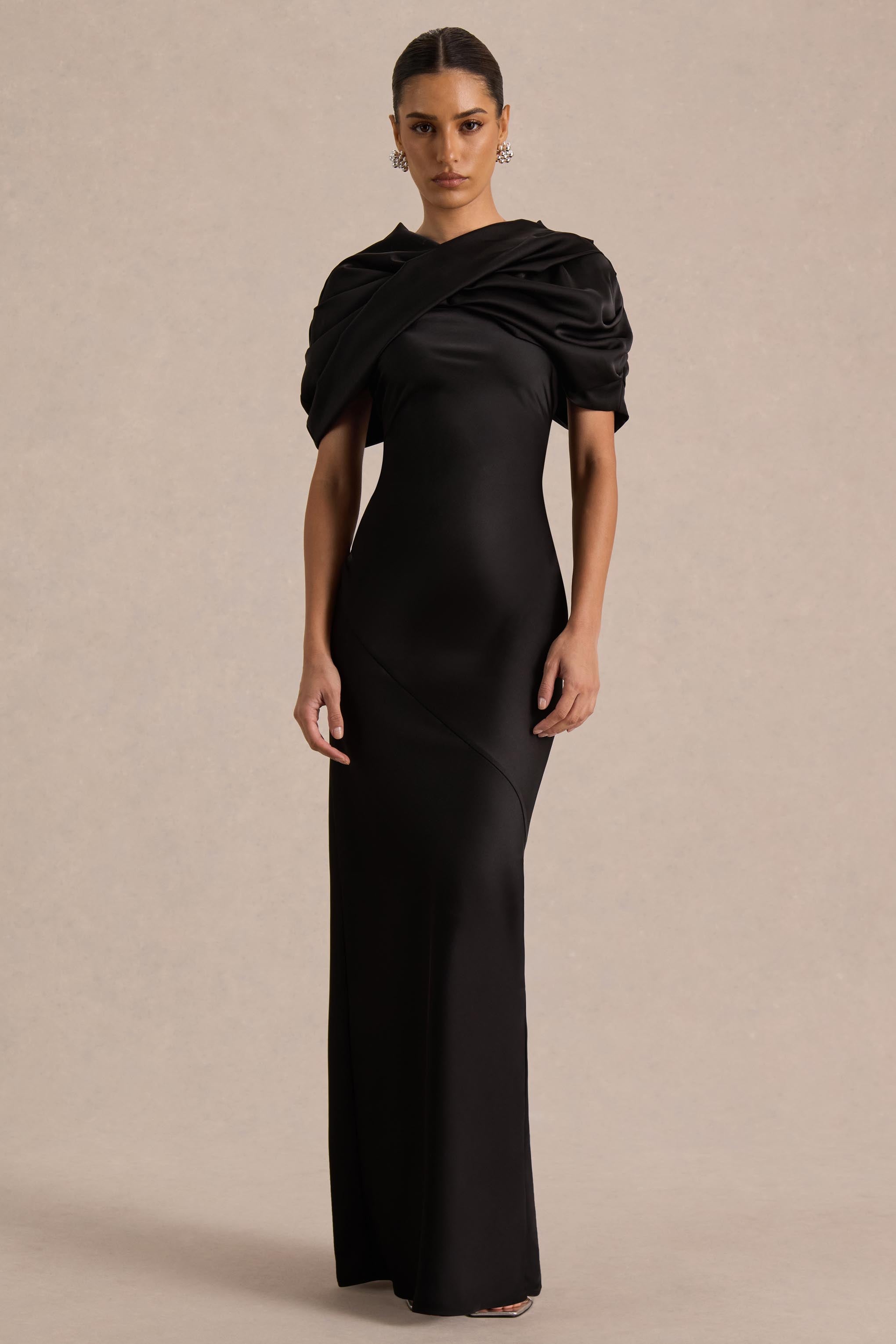 Yoli | Black Satin Maxi Dress With Removable Twist-Cape