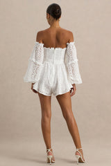 Mariella | White Broderie Bardot Ruffled Playsuit