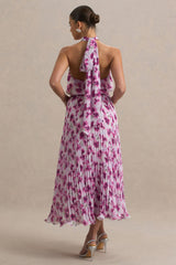 Refractive | Purple Floral Print Satin Maxi Dress With Halter-Neck and Pleated Skirt