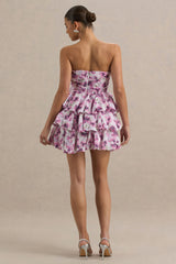 Swirl | Cream Floral Print Bandeau Puffball Mini Dress With Ruffle Detail