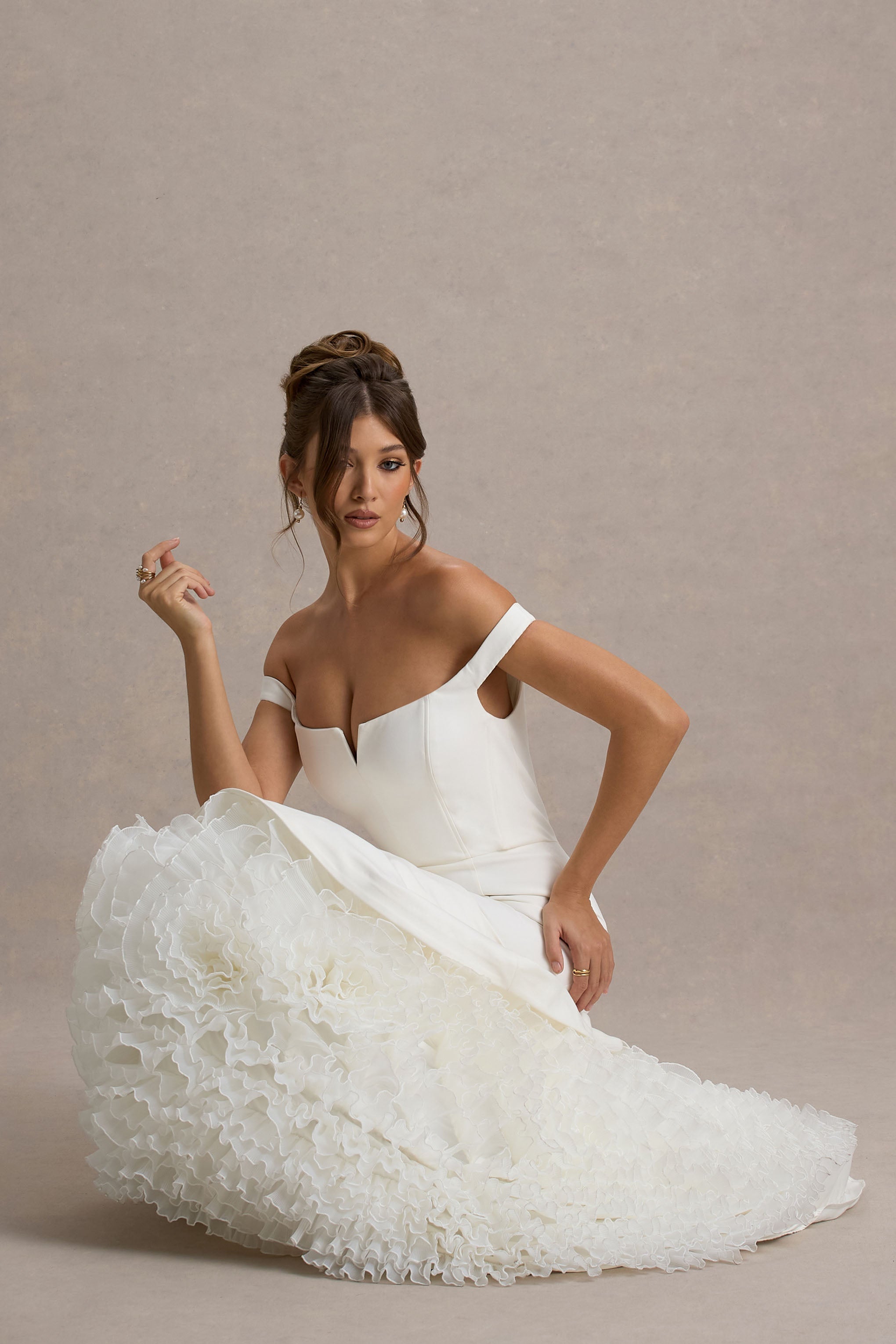 The Greatest | White & Cream Bardot Maxi Dress With Tulle Skirt