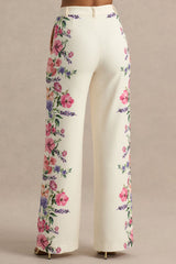 Solana | White Floral Border Print Wide-Leg Trousers