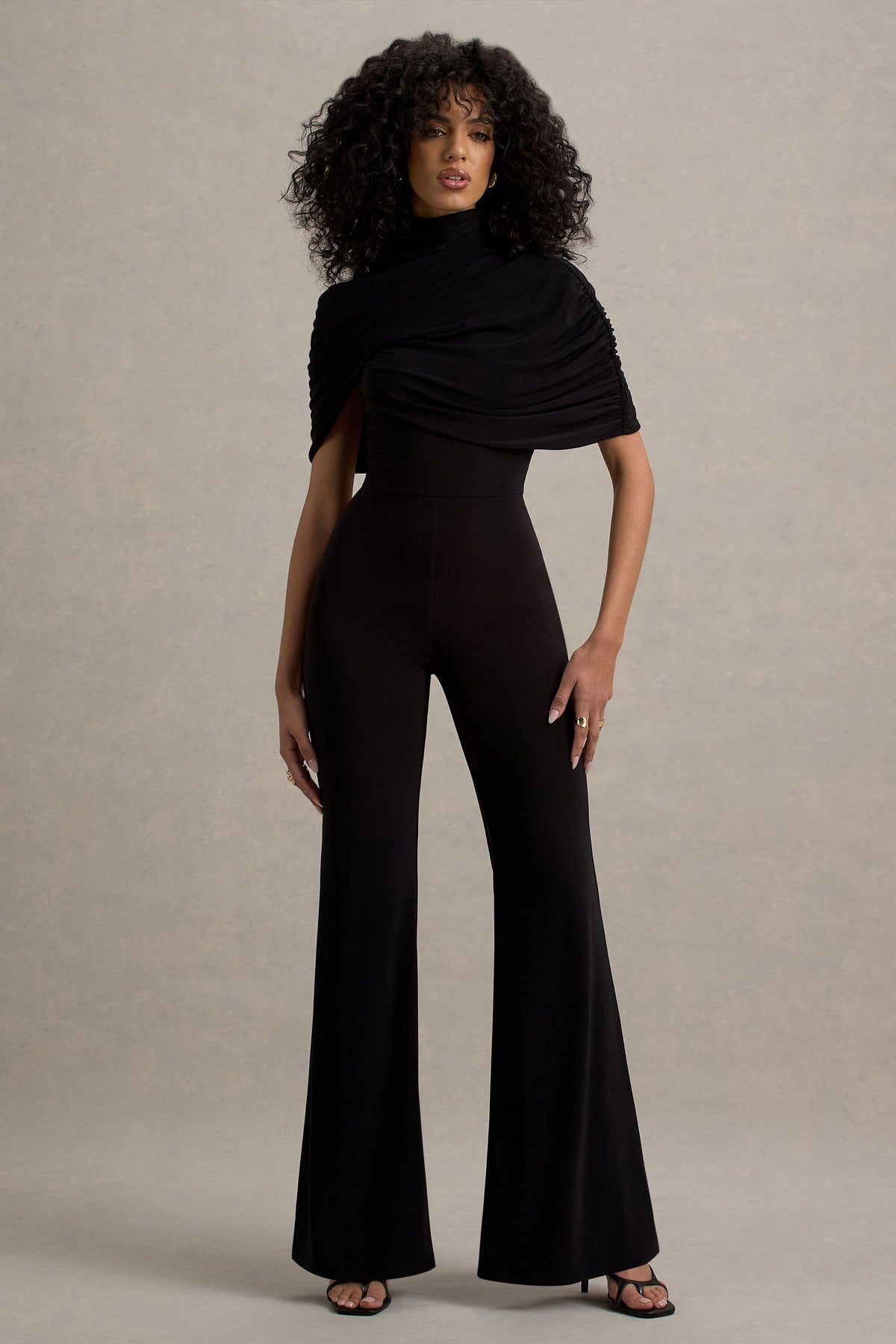 Isoline | Black Twist Cape Flared-Leg Jumpsuit