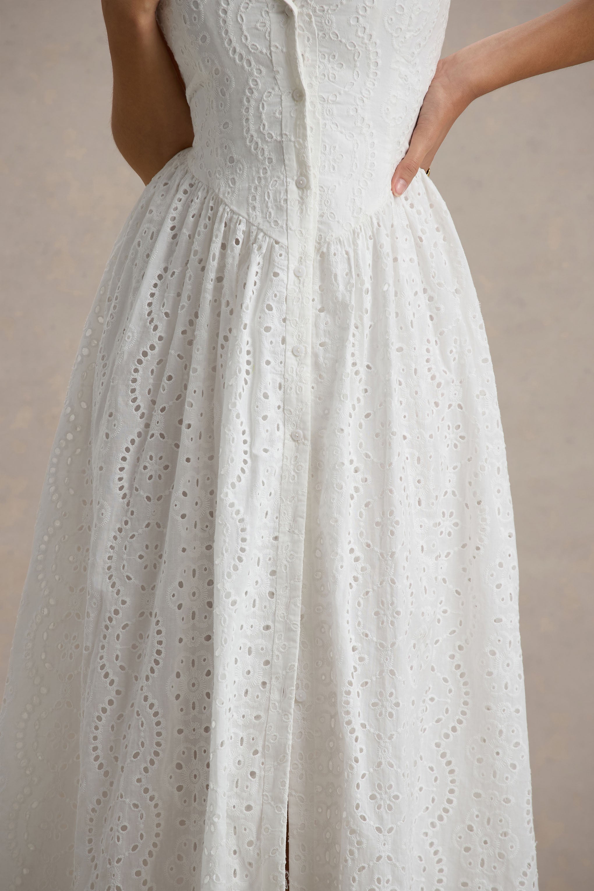 Jezebel | White Lace Plunge-Neck Collared Midi Dress