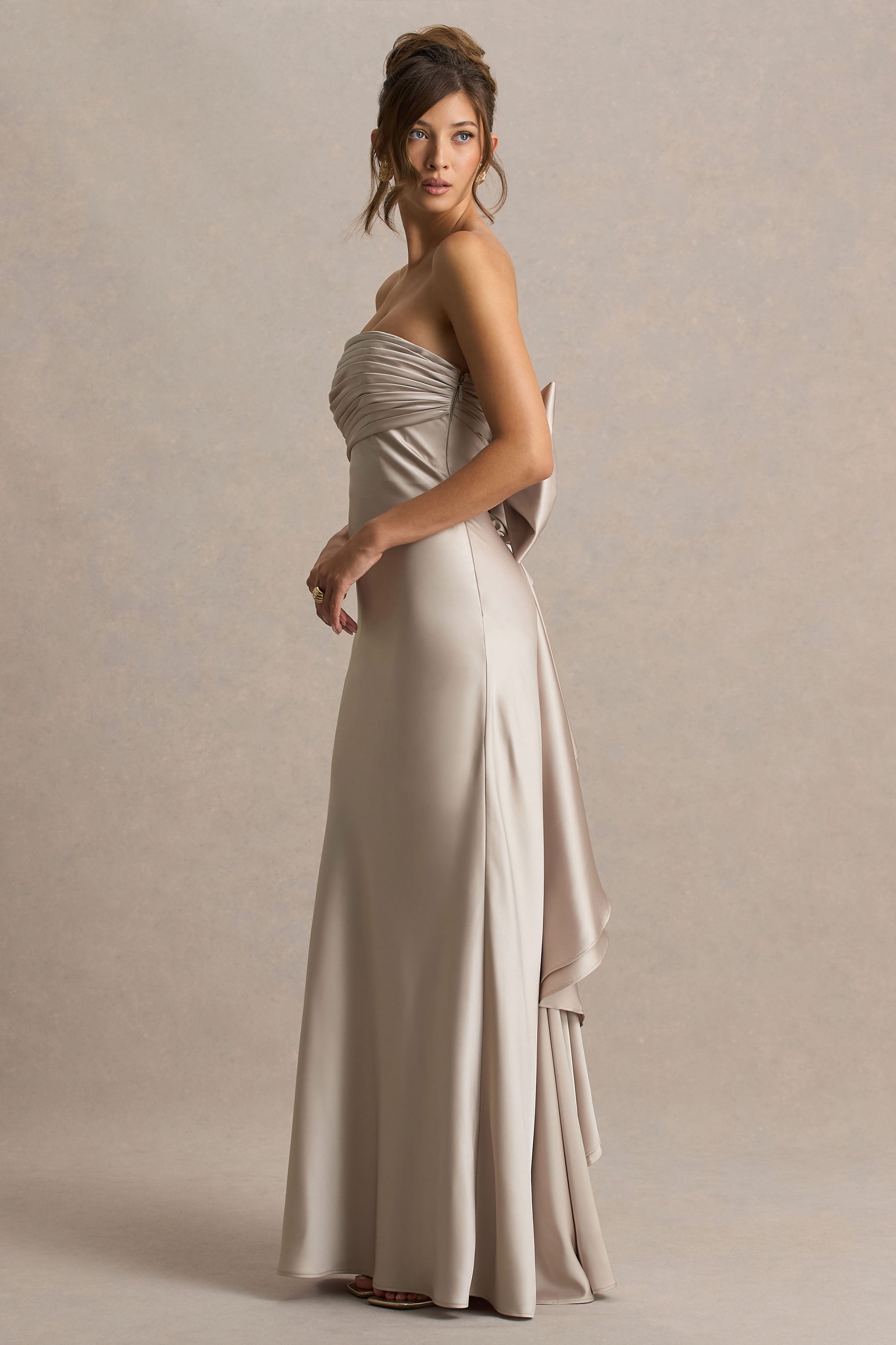 Talulla | Champagne Satin Bandeau Maxi Dress With Ruffled Detail