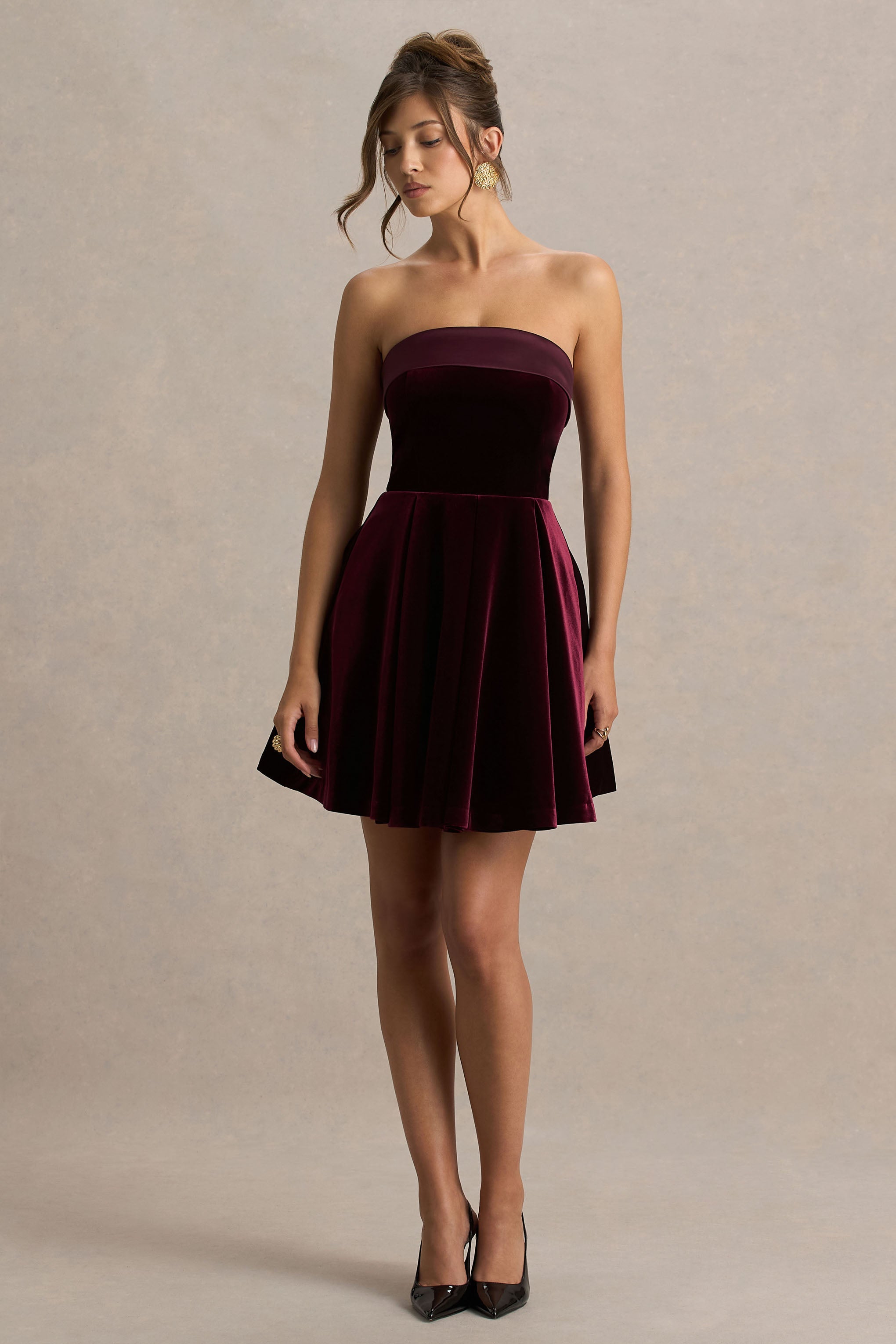 Mina | Burgundy Velvet And Satin Bandeau Skater Mini Dress