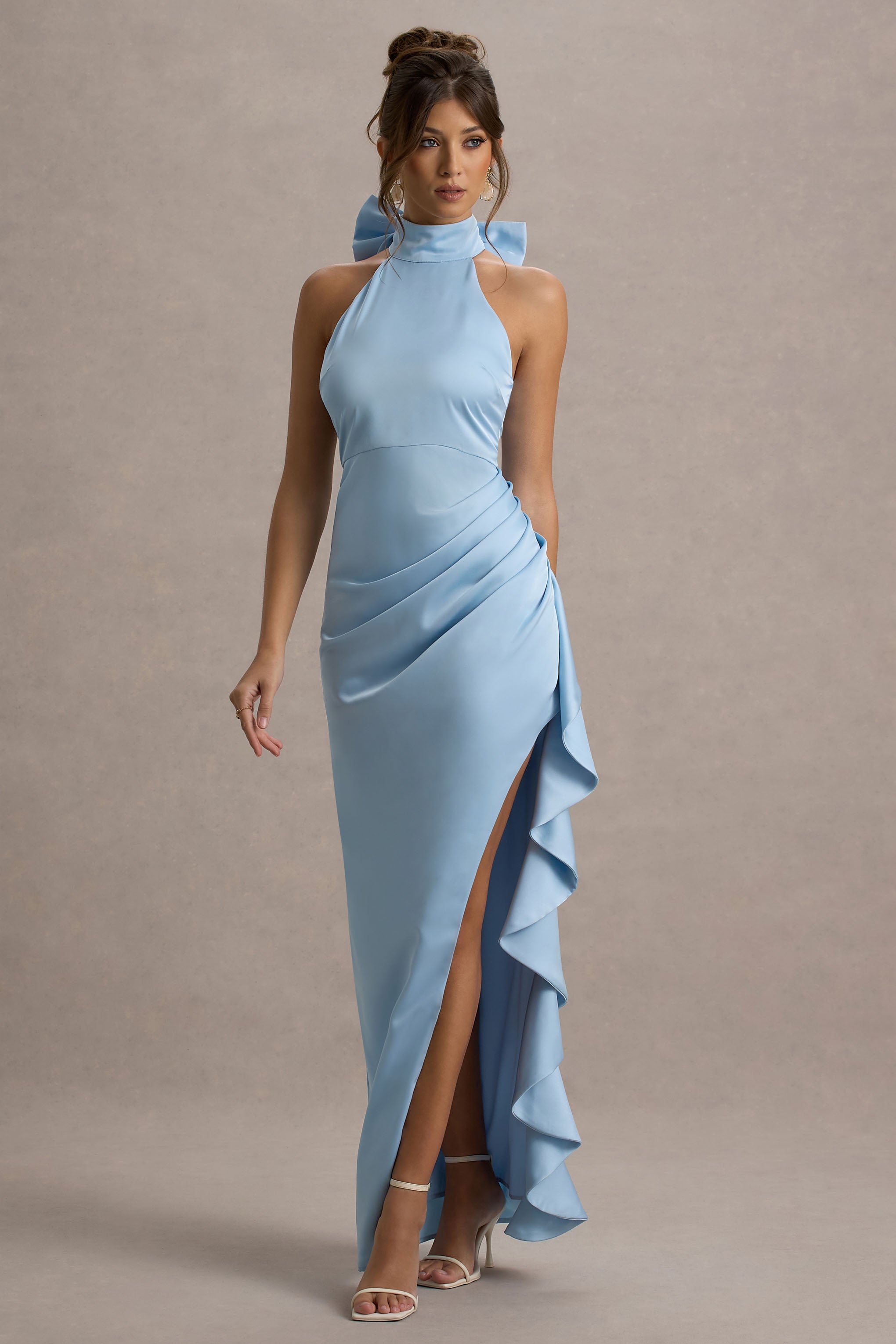 Maureen | Powder Blue Satin High-Neck Draped Maxi Dress