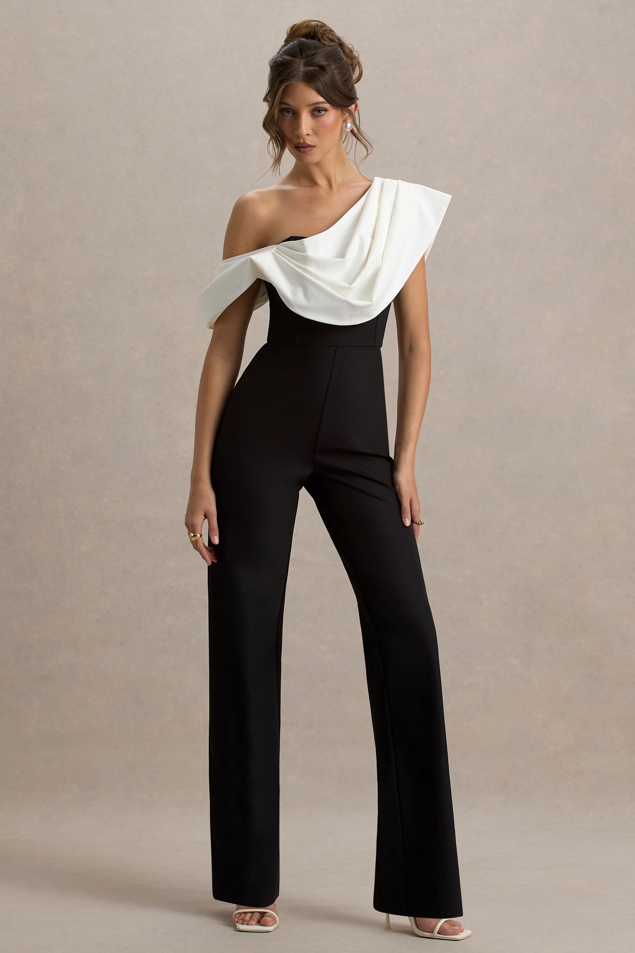 Falling For You | Black & White Asymmetric Draped Jumpsuit