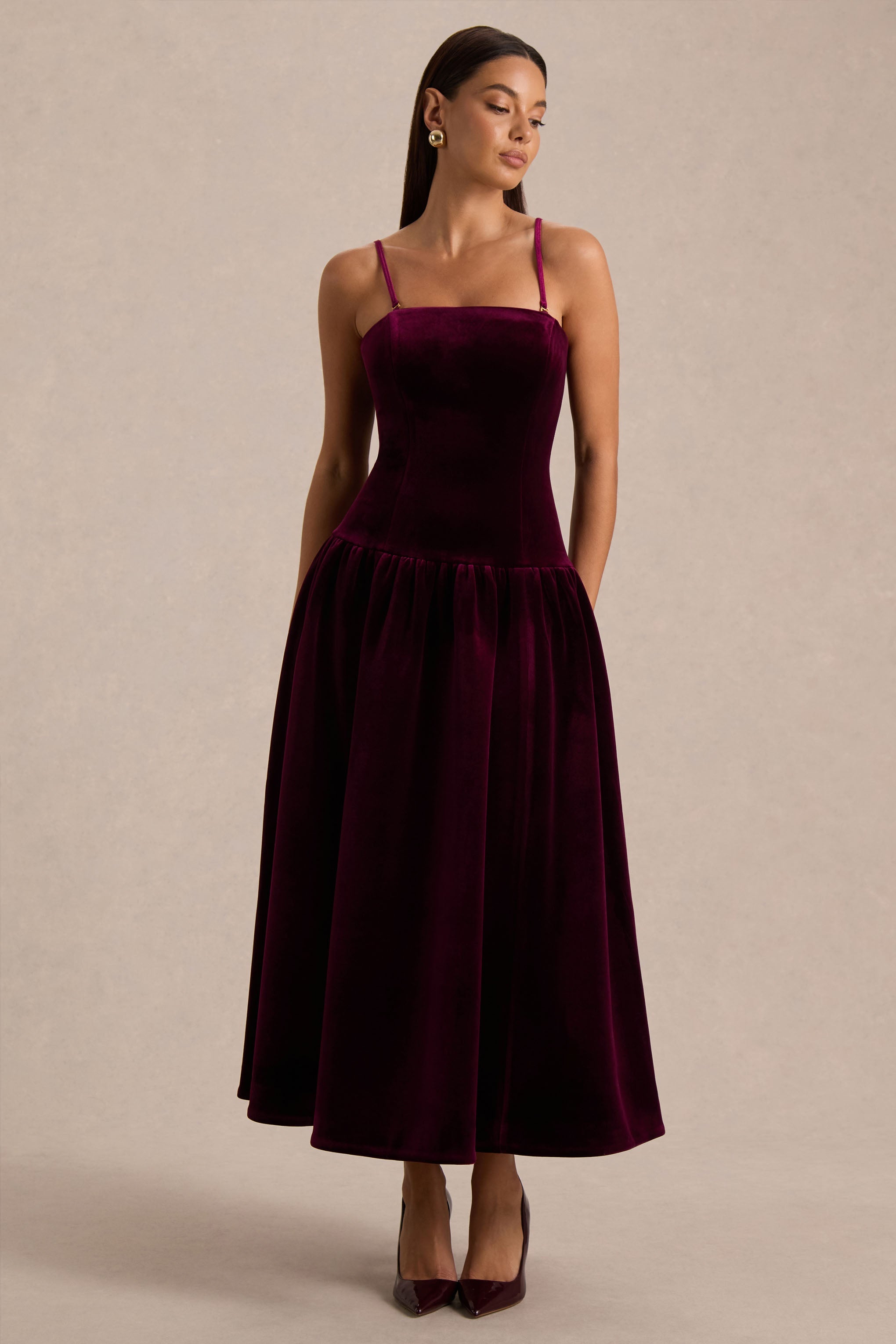 Violetta | Burgundy Velvet Bandeau Midi Dress With Drop-Waist And Gathered Skirt