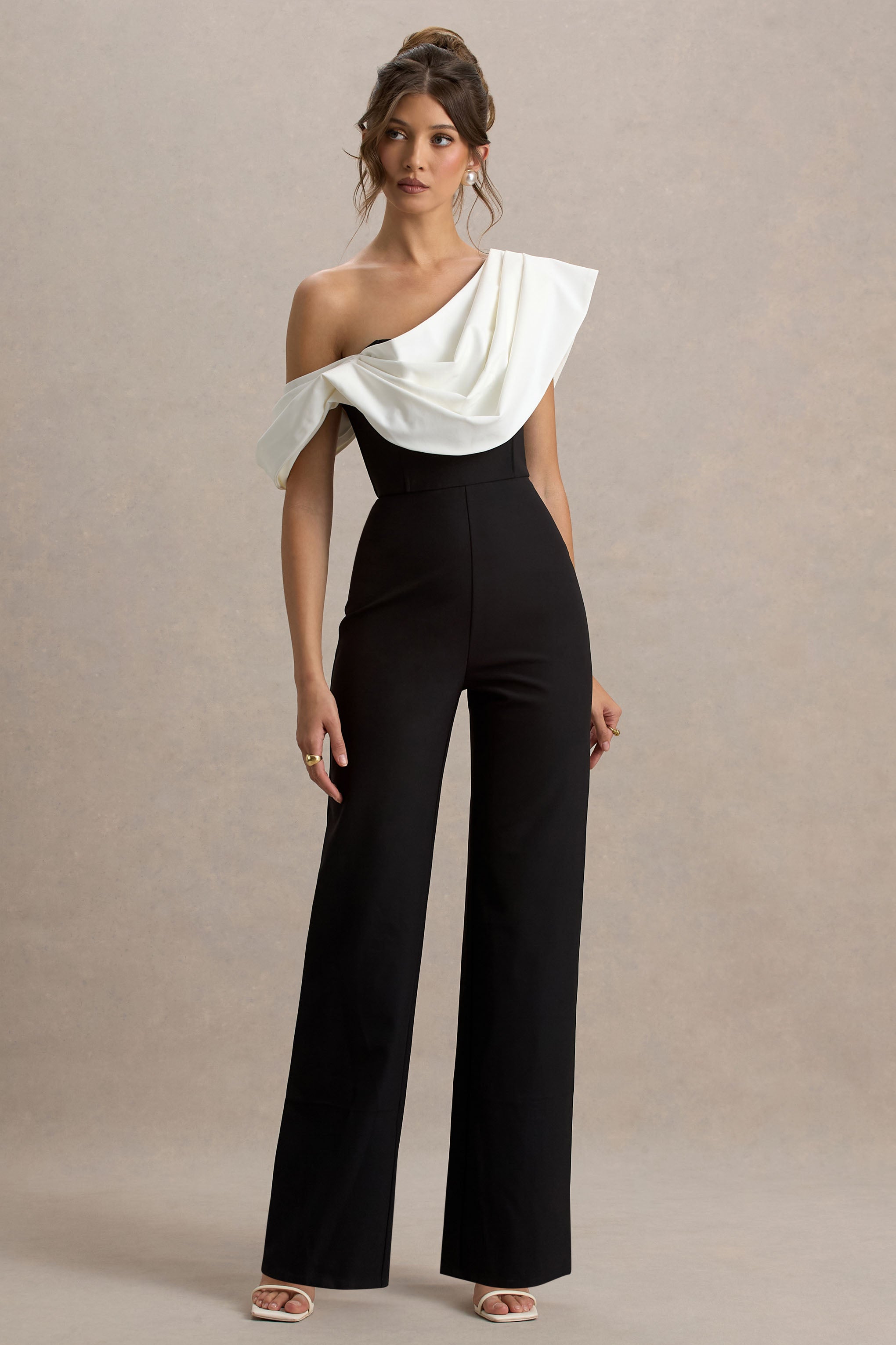 Falling For You | Black & White Asymmetric Draped Jumpsuit
